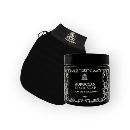 Moroccan Hammam Duo: Black Soap with Argan & Eucalyptus + Exfoliating Glove