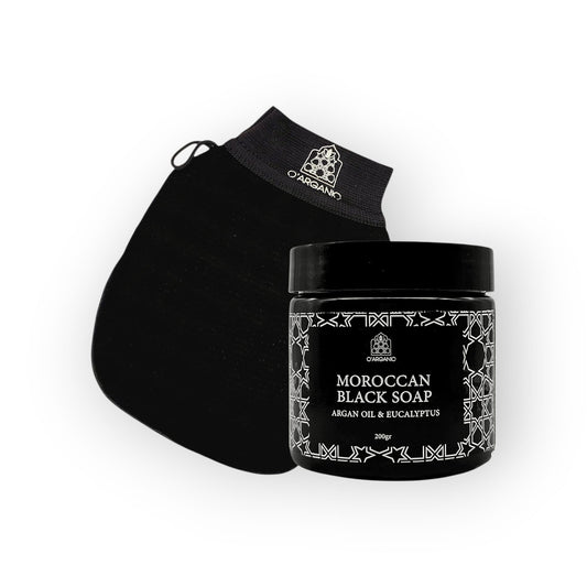 Moroccan Hammam Duo: Black Soap with Argan & Eucalyptus + Exfoliating Glove